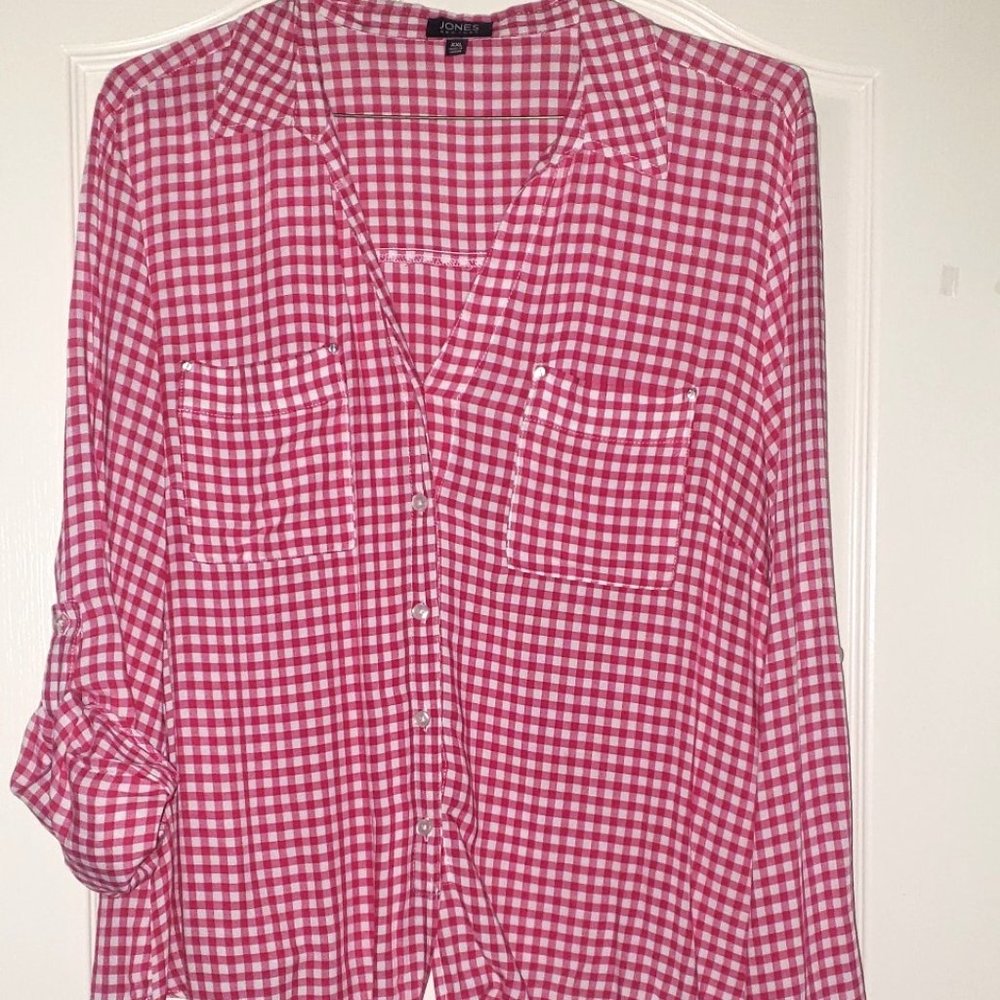 Jones New York Red Baby Gingham V-Neck Button Up Tie Front Shirt Blouse XXL